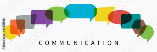 Communication. Word with colorful multi colored dialog speech bubbles. Flat illustration of communication concept on white isolated background. People with idea in business network.
