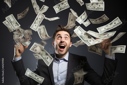 Portrait of a young man in a suit throwing money into the air photo