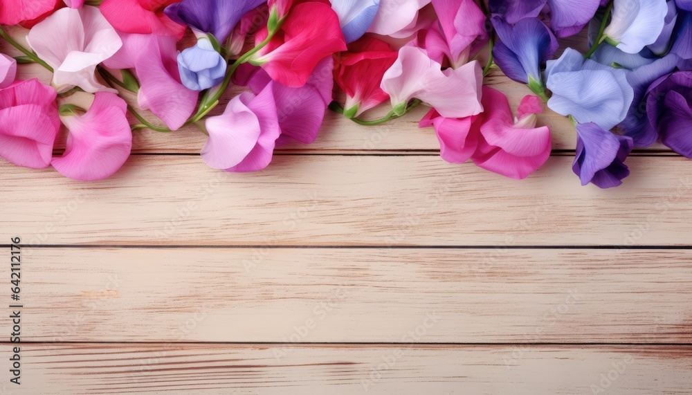 Colorful petals on wooden background. Top view with copy space Colorful petals on wooden background. Top view with copy space