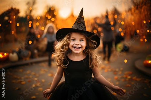 Concept portrait of a little girl exuberantly adorned in a Halloween witch's hat and festive attire, surrounded by swirling confetti.This moment of pure, radiant joy of holiday.