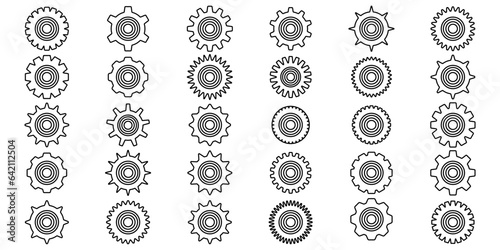 Gears icon set. Setting gears icon. Collection of mechanical outline cogwheels. Simple Gear wheel collection. Gear icons silhouette. Vector illustration with cogwheels sign set on white background.