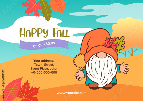 Vector fall banner with cute gnome horizontal design. Autumn yellow orange background with copy space. Cartoon dwarf character mascot. Fall banner, web site, flyer, autumn event ads design.