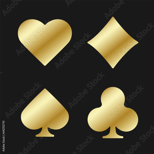Set collection golden gambling sign symbol of playing card suits and chips for poker and casino. Hearts, clubs, diamonds and spades on black background.