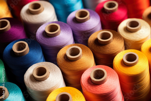 Billede på lærred A Colorful Tapestry Unraveled: A Magnified View of Vibrant Thread Spools