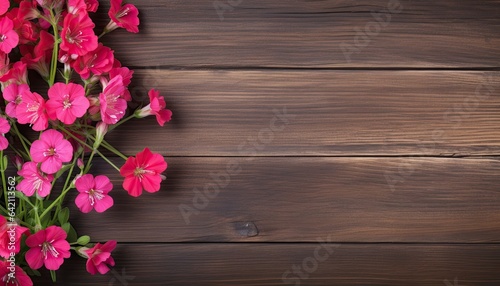 Pink geranium flowers on wooden background with copy space. Top view