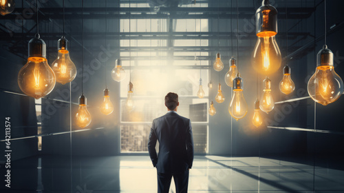 A businessman standing, hands in his pockets. Surrounded by lightbulbs. Great ideas. Opportunity. Growth and development.