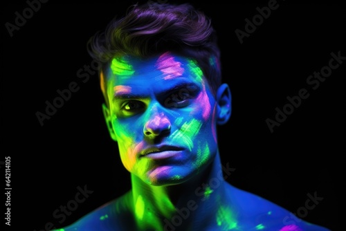 Portrait of man painted in fluorescent powder.