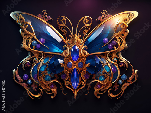 A beautiful butterfly made of sapphires and gold metal ornaments. Gold decorative jewelry. Generative AI.