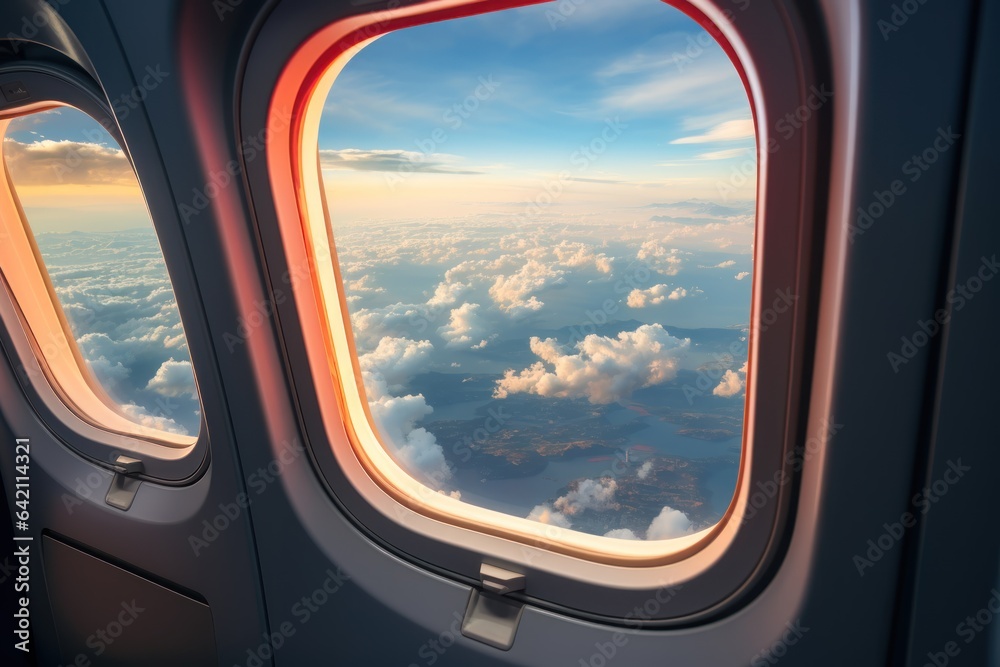 View from the airplane window to the sea and clouds. Travel concept