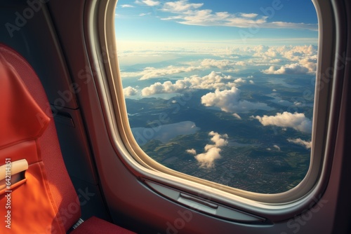 Aerial view of airplane window with beautiful sunset in the background.