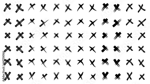 X black mark vector set collection. Cross sign icon from hand brush strokes. Hand drawn doodle scribble crossed brush strokes. Grunge set X. Set black shapes on a isolation white background.