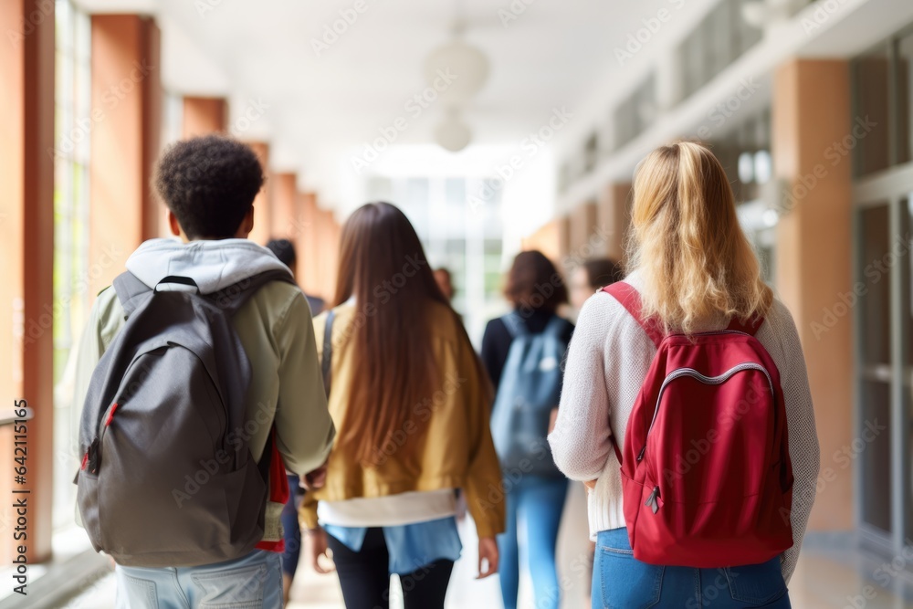 Rear view of a group of university students walking Rear view of a group of university students walking