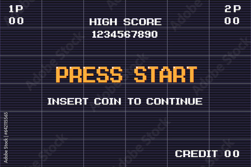 PRESS START INSERT A COIN TO CONTINUE. pixel art .8 bit game. retro game. for game assets in vector illustrations.