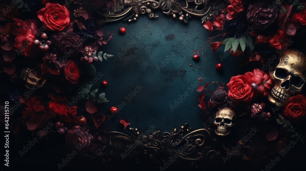 Dark moody baroque background for Halloween with skulls and flowers - obrazy, fototapety, plakaty 
