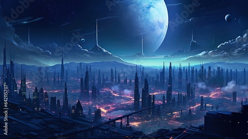 Futuristic cyber city at night, landscape scene. Created with Generative Ai technology.