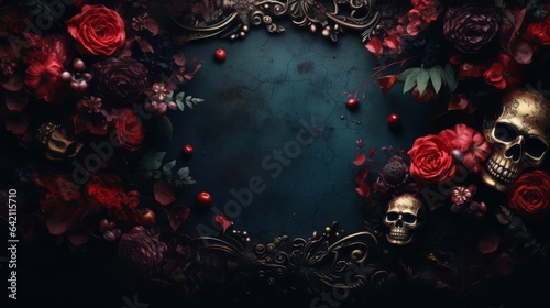 Dark moody baroque background for Halloween with skulls and flowers © Schizarty