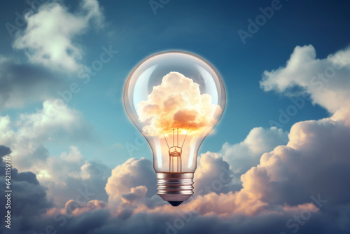 Incandescent light bulb, beautiful sky and fluffy clouds that imagine ideas of ideas and imagination A business concept suitable for success and entrepreneurship.
