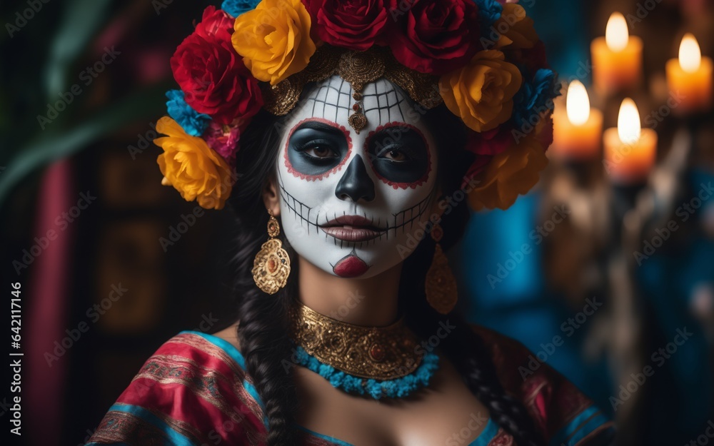 Día de los Muertos, skull and flowers, mexican death day, generative ai Día de los Muertos, skull and flowers, mexican death day, generative ai