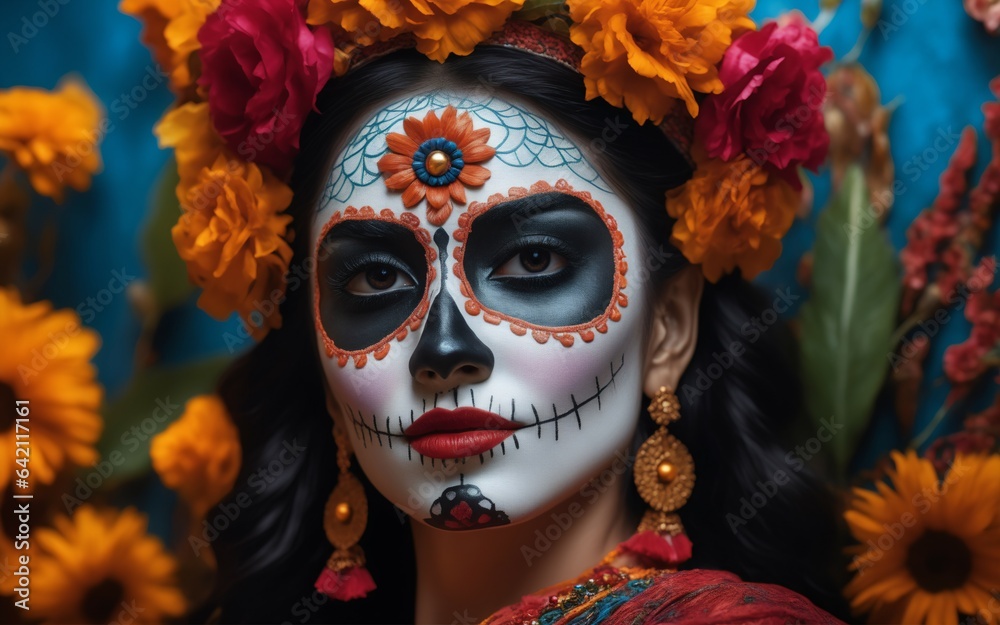Día de los Muertos, skull and flowers, mexican death day, generative ai, the mask of the carnival