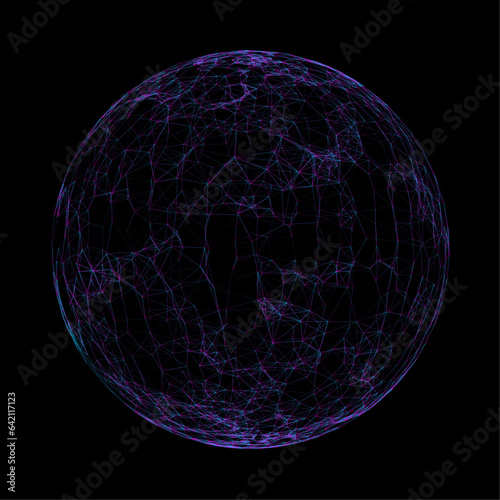 Futuristic vector sphere composed of particles and connecting lines, representing network connections and big data in an abstract technological background.