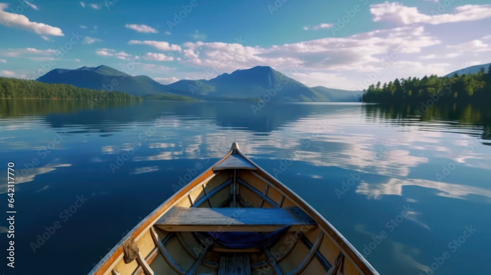 Boat on lake with mountain view 