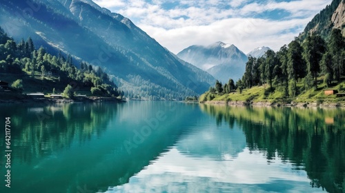 A serene mountain landscape with a reflective lake, surrounded by picturesque mountains and trees, illustrating nature's serene beauty. High quality photo © sambath