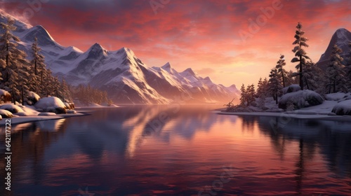 Serene mountain lake during sunset, with the sun setting behind the jagged peaks, casting a warm orange glow over the landscape. Generative AI