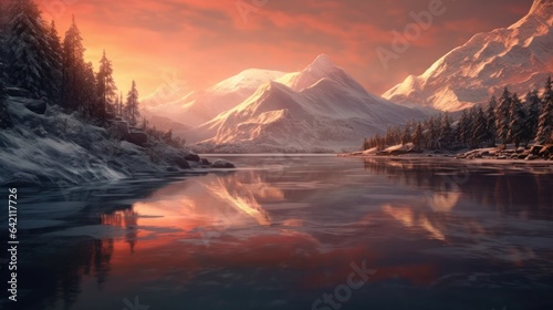Serene mountain lake during sunset, with the sun setting behind the jagged peaks, casting a warm orange glow over the landscape. Generative AI © sambath