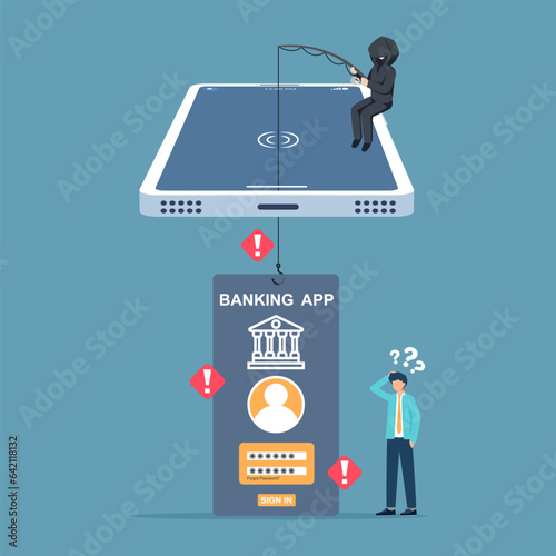 Thief Hacker attacks a smartphone by stealing an account banking app. fraud scam and steal private data on devices. vector illustration flat design for cyber security awareness concept.