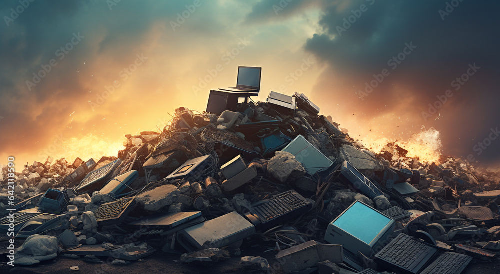 a pile of electronic computer waste on the ground - obrazy, fototapety, plakaty 