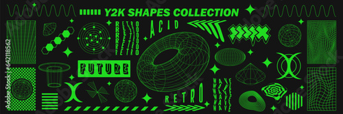 Abstract geometry wireframe shapes and patterns, cyberpunk elements, signs and perspective grids. Surreal geometric retro signs. Rave psychedelic futuristic Y2k acid aesthetic set. Vector illustration