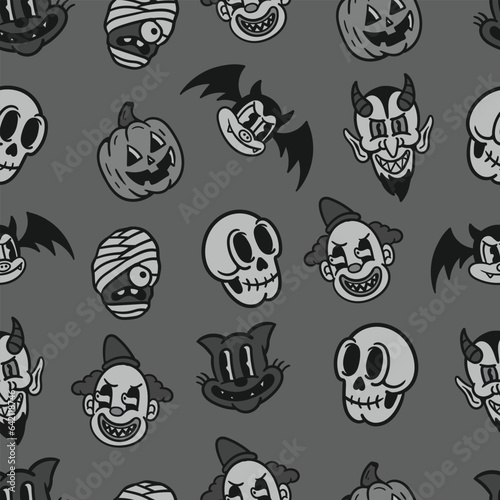 vintage horror cartoon halloween monsters seamless pattern black and white