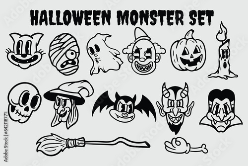 set bundle vintage cartoon halloween monsters
