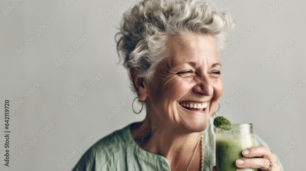 Senior lady poses happily with her green smoothie in a studio. Generative AI Senior lady poses happily with her green smoothie in a studio. Generative AI