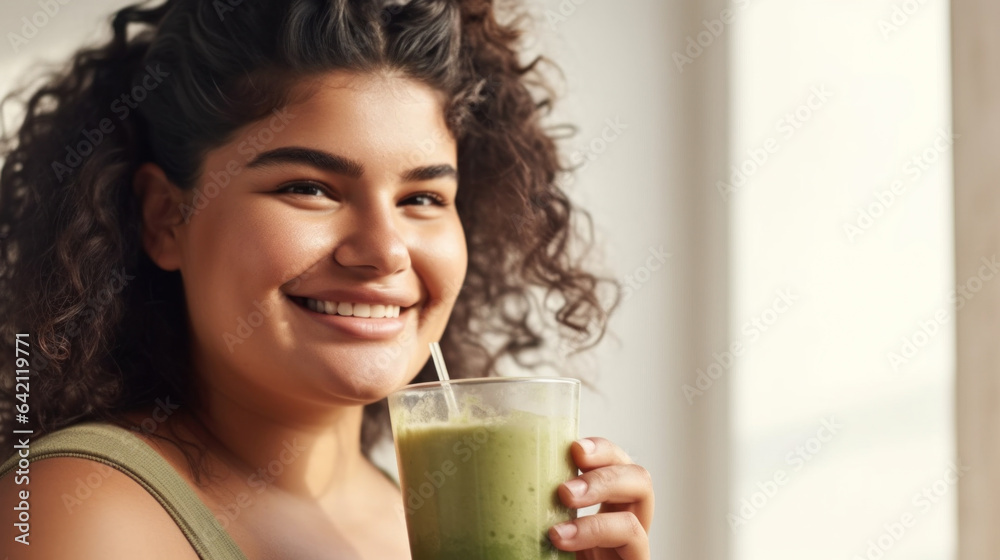 Smiling plus-size woman holds a healthy green drink in a studio setting. Generative AI Smiling plus-size woman holds a healthy green drink in a studio setting. Generative AI