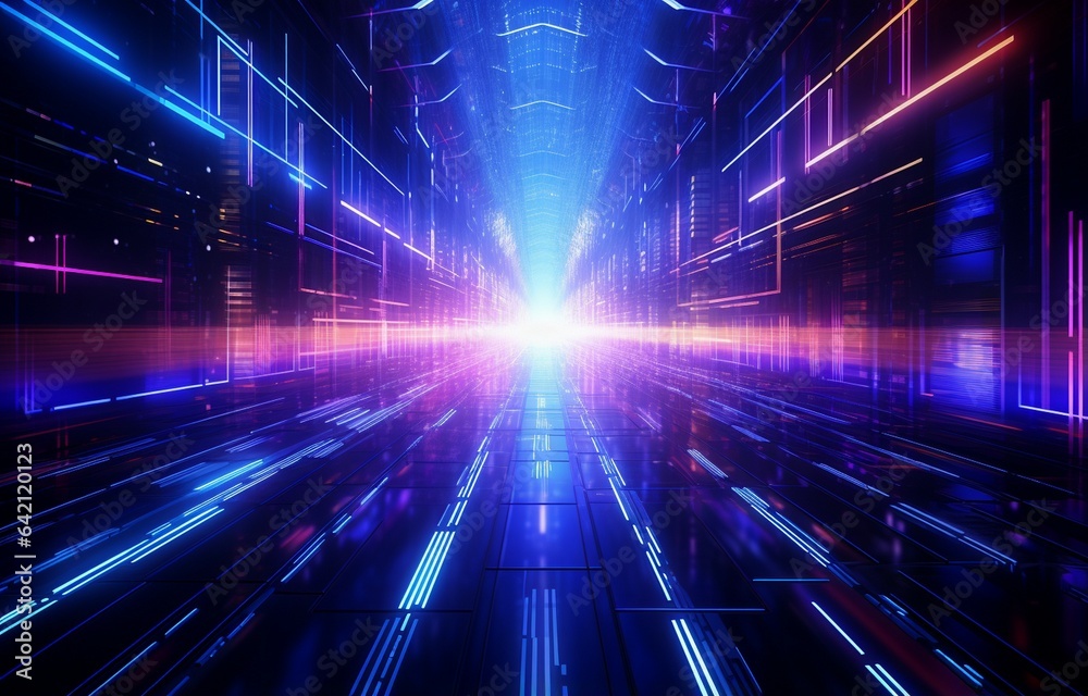 Abstract futuristic technological background with network, huge data, server, internet, and speed lines. into a tunnel of modern technology, abstract neon lights. Generative AI
