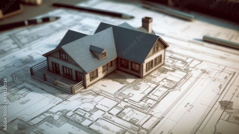 Architecture project with miniature house on top, Blueprint design with mini house, Generative AI