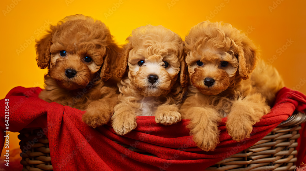 Puppies sitting in a basket. cute adorable pets puppies. Animal care. Love and friendship. Puppies sitting in a basket. cute adorable pets puppies. Animal care. Love and friendship.