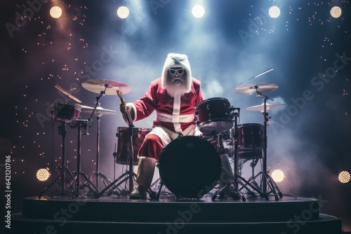 Santa Claus plays electric drum, generative ai