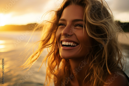 portrait of a smiling blonde woman at sea during sunset © Zenturio Designs