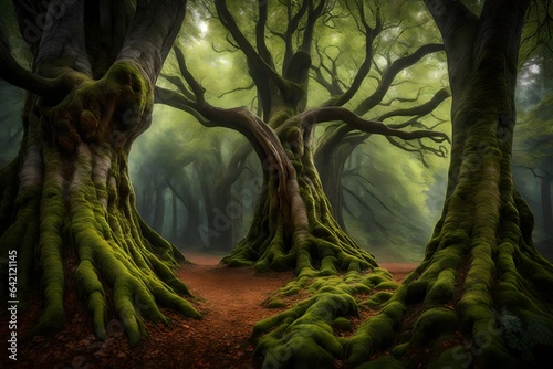 Create a serene image that captures the timeless beauty of slow-growing trees, their gnarled branches and weathered bark bearing witness to the passage of centuries, in a tranquil forest untouched 