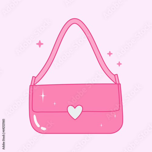 Y2k cute girly pink bag. Glamour princess of 00s accessory. Female handbag icon. Nostalgia graphic element. Vector illustration