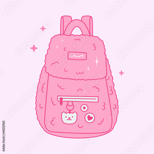 Plush girly backpack with keychain and badges in y2k pink style. Cute school bag for teen girl of 00s. Glamour princess accessory. Flyffy female bag