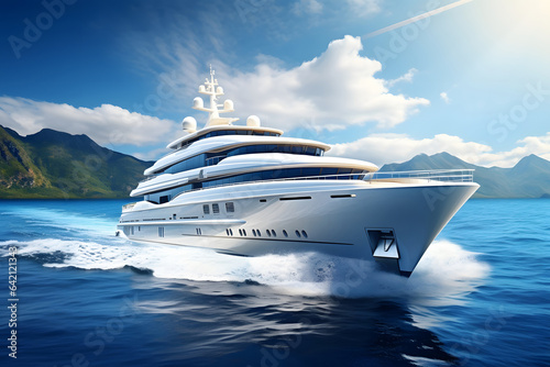 Front view luxury super yacht sailing in beautiful sea