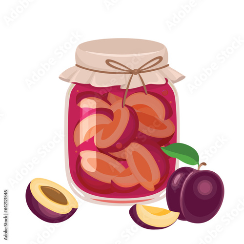 Plum jam in glass jar and fresh fruit. Vector flat icon of organic sweets. Healthy food illustration.