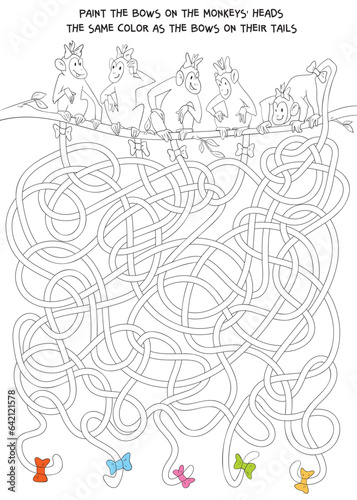 Funny monkeys with long tails sitting on a tree branch. Children logic game to pass maze. Paint the bows on the monkeys heads the same color as the bows on their tails. Educational game for kids