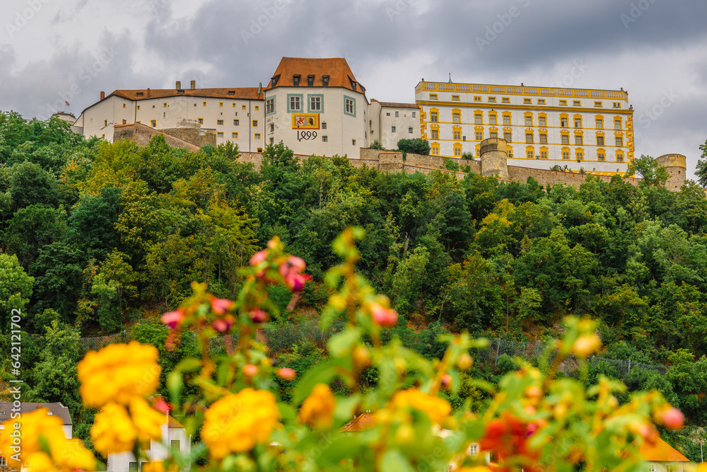 Panoramic view castle Veste Oberhaus on river Danube. Antique fortress in Passau, Lower Bavaria, Germany.