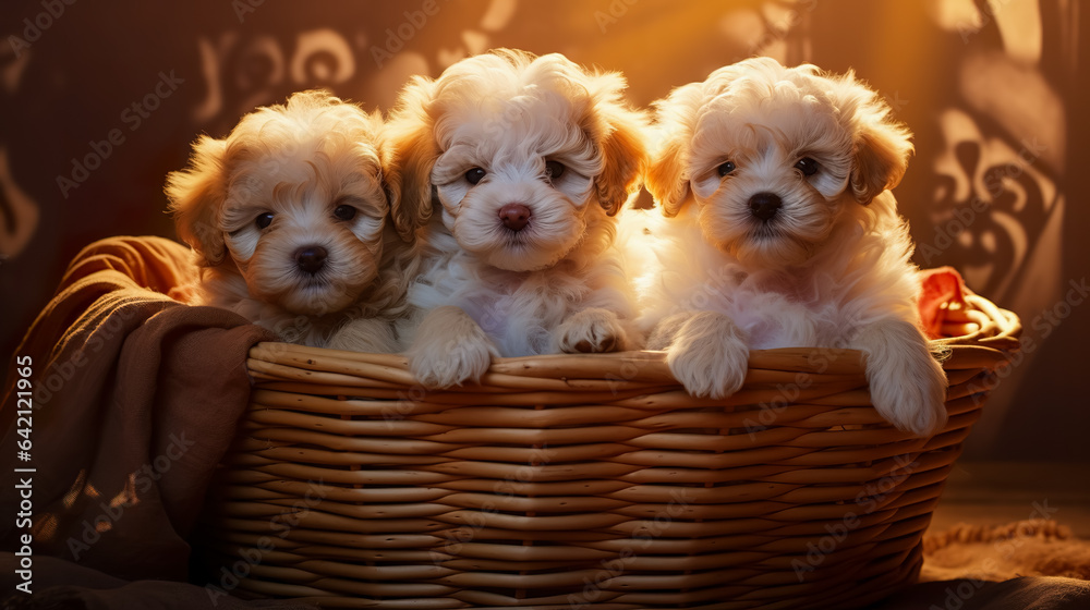 Puppies sitting in a basket. cute adorable pets puppies. Animal care. Love and friendship. Puppies sitting in a basket. cute adorable pets puppies. Animal care. Love and friendship.