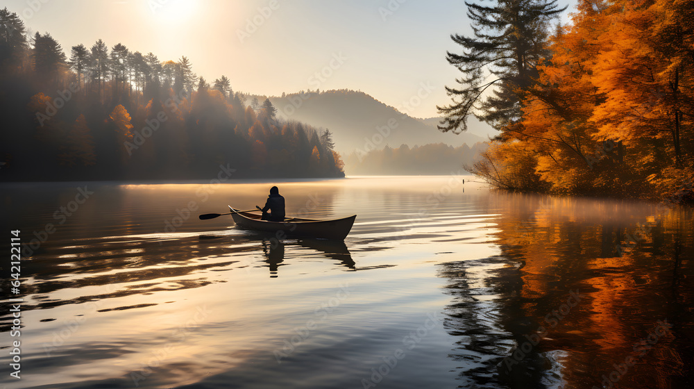 Person rowing on a calm lake in autumn, small boat with serene water around