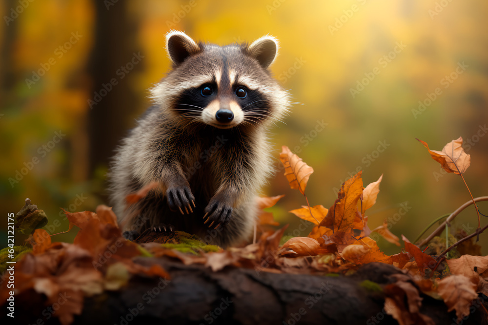 raccoon in the forest. Portrait of an animal in its environment